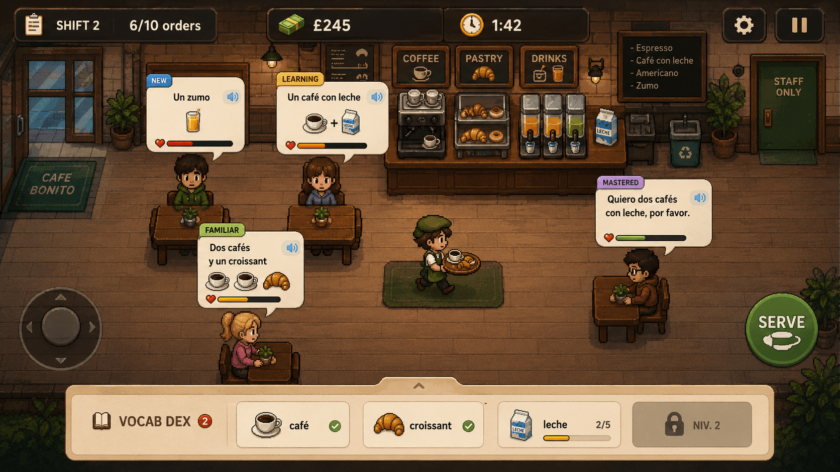 Wordville gameplay inside a lively language-learning café